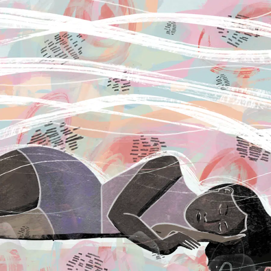 rest+is+resistance-Kume+Pather-nap+ministry-instagram Illustration of a person sleeping on their side, resting head on an arm, with a colorful abstract background.