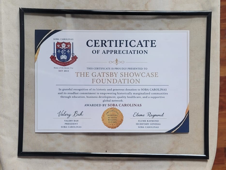 Framed Certificate of Appreciation awarded to The Gatsby Showcase Foundation, with a gold seal and signatures.