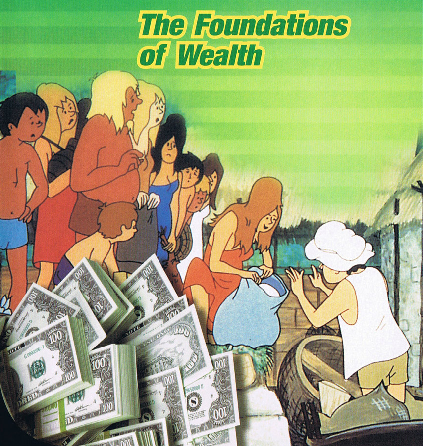the-foundations-of-wealth-animated-series - The Gatsby Showcase Foundation Cartoon cover titled 'The Foundations of Wealth' showing a crowd gathered beside a large pile of dollar bills in the foreground.